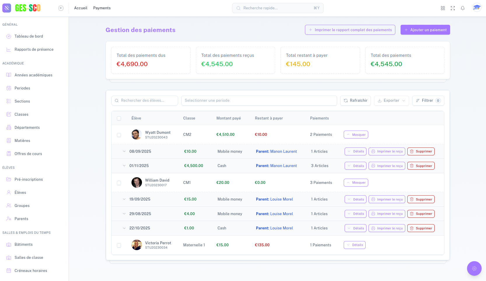 Page du comptable Ges-sco - Tableau de bord comptable