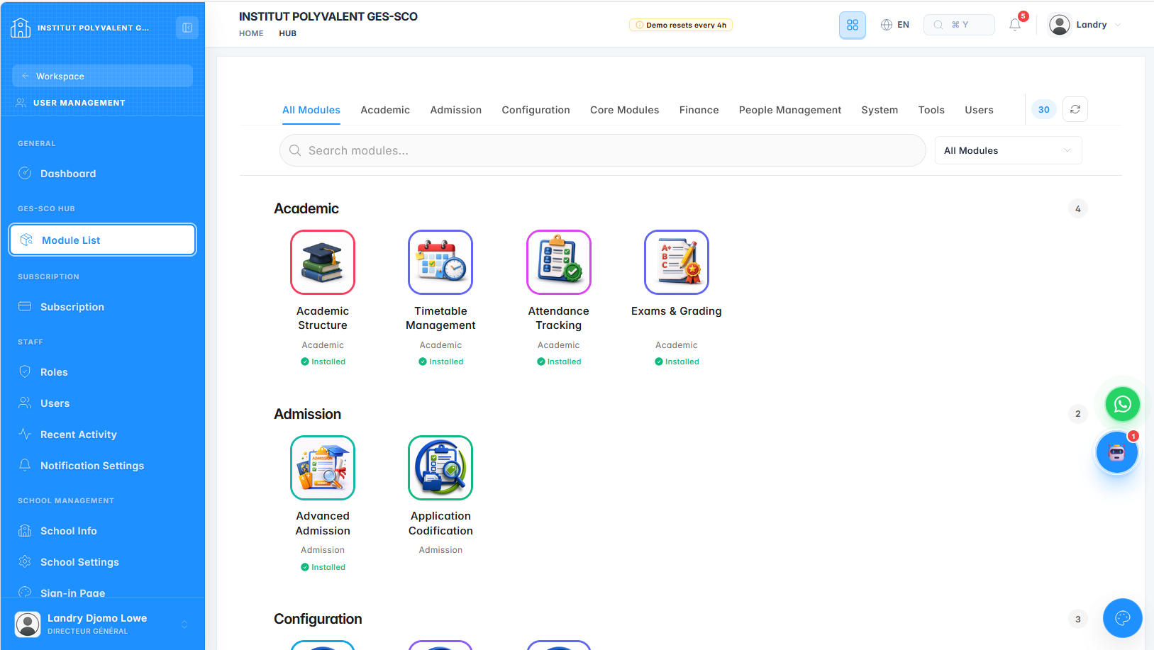 Hub de modules GES-SCO regroupant les applications de gestion scolaire